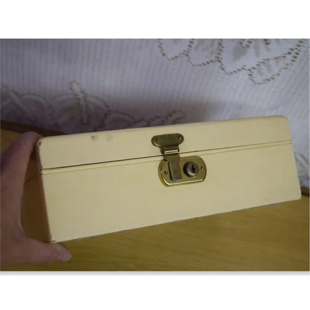 Vintage Jewelry Box Organizer Beige MCM Pink Satin Lined 2 Tier Cottage Glam